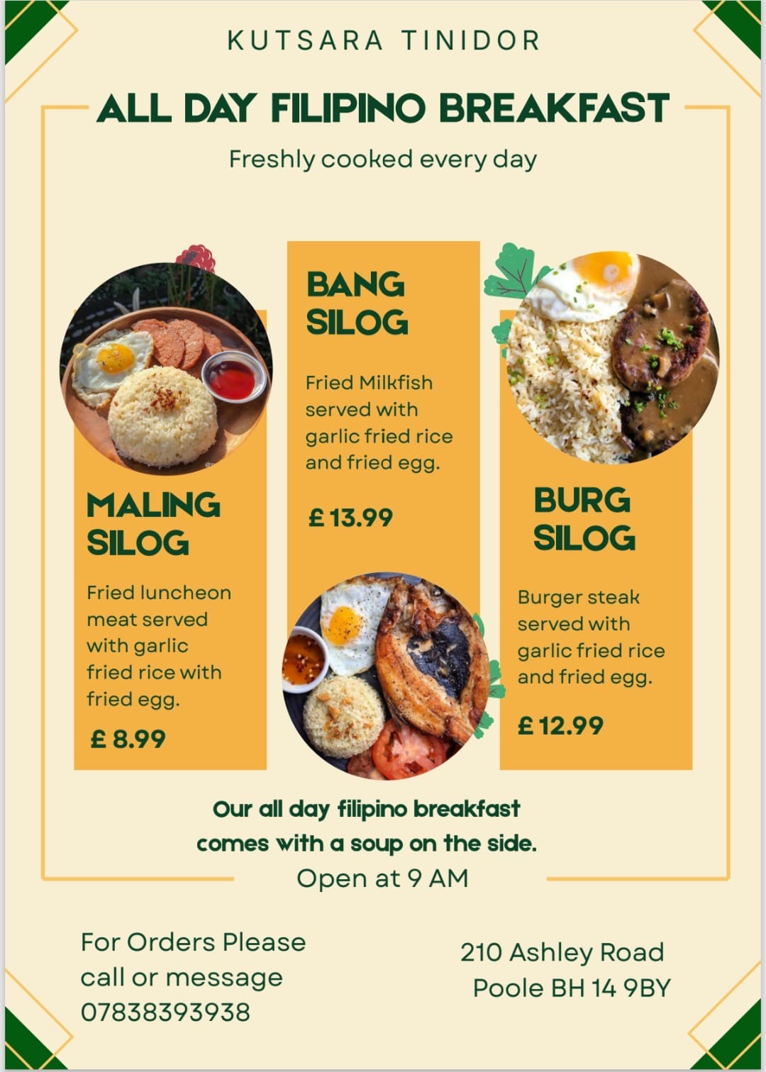 Kutsara Tinidor all day Filipino breakfast: Maling Silog fried luncheon meat £8.99, Bang Silog fried milkfish £13.99, and Burg Silog burger steak £12.99, each with garlic fried rice and fried egg