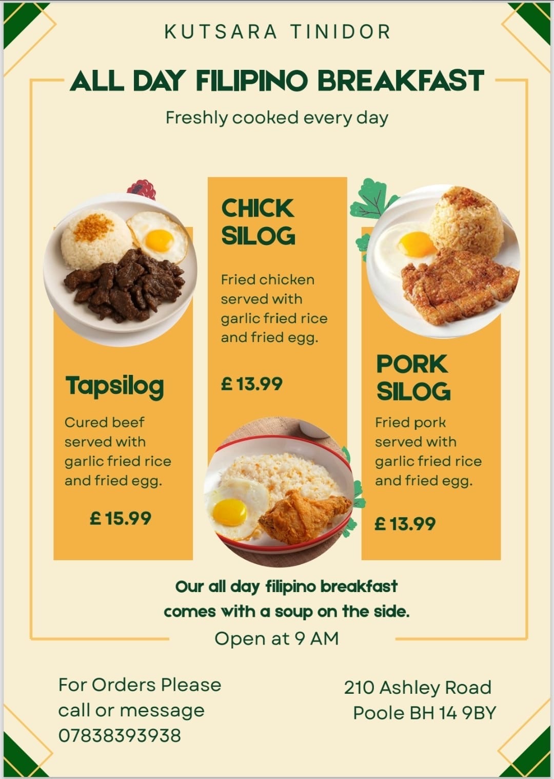 Kutsara Tinidor all day Filipino breakfast: Tapsilog cured beef £15.99, Chick Silog fried chicken £13.99, and Pork Silog fried pork £13.99, each with garlic fried rice and fried egg